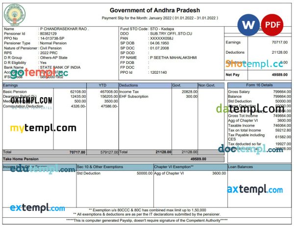 Government of Andhra Pradesh pay stub Word and PDF template