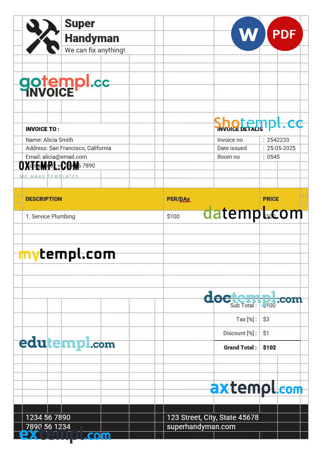 Handyman Services Invoice template in word and pdf format