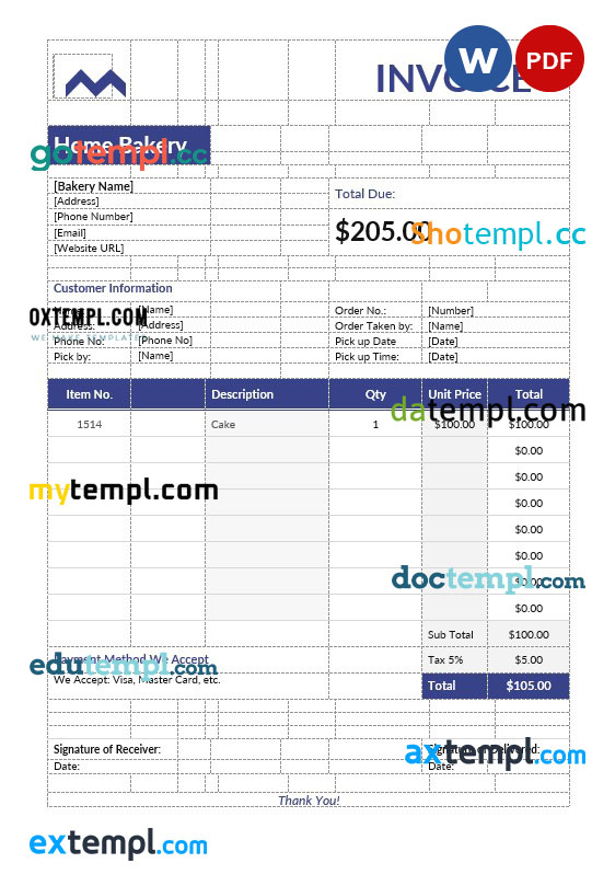 Home bakery invoice template in word and pdf format