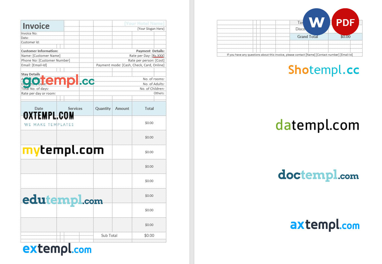 Hotel invoice template in word and pdf format
