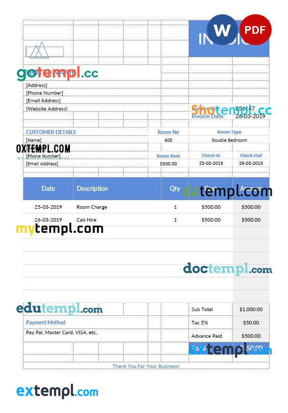 Hotel stay invoice template in word and pdf format