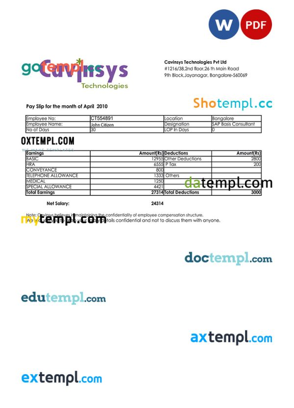 INDIA CAVINSYS Technologies Pvt Ltd payslip template in Word and PDF formats