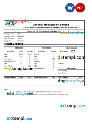 INDIA CRP Risk Management Limited salary slip template in Word and PDF formats