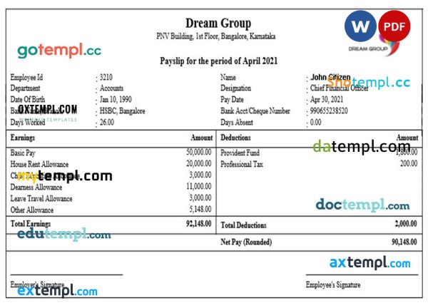 INDIA DREAM group payslip pay stub template in Word and PDF formats