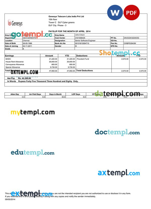 INDIA GENESYS Telecom Labs India Pvt Ltd payslip template in Word and PDF formats