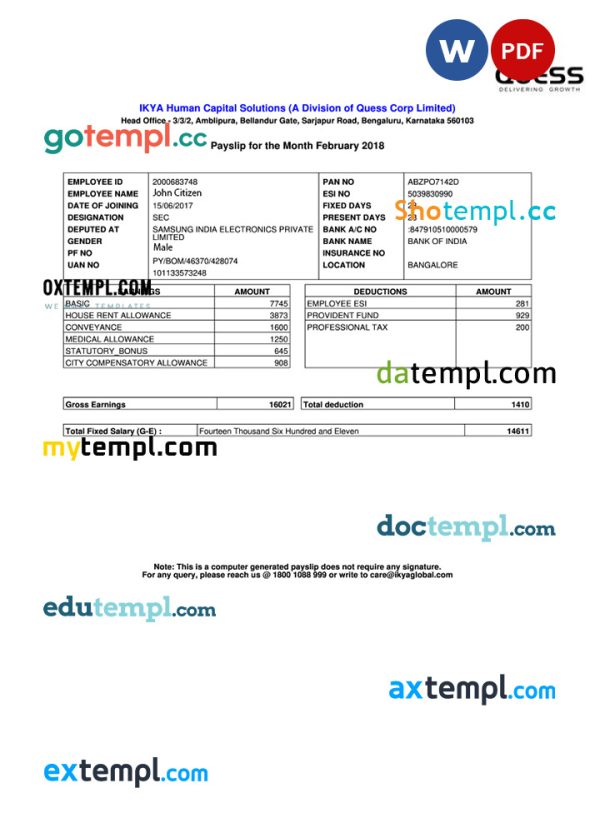 INDIA IKYA Human Capital Solutions payslip template in Word and PDF formats