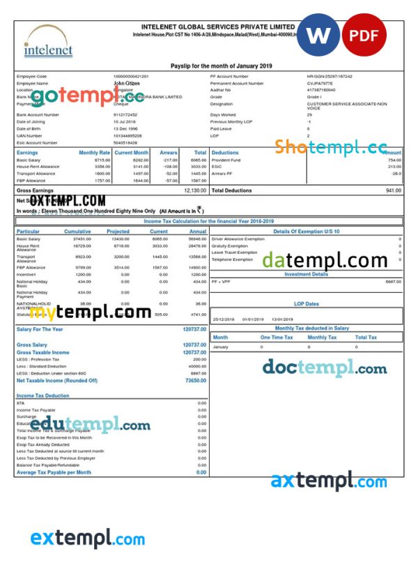 INDIA INTELENET Global Services Limited payslip template in Word and PDF formats