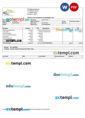 INDIA ITC Infotech India LTD payslip template in Word and PDF formats