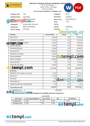 INDIA SHRIRAM Transport Finance Company Limited payslip template in Word and PDF formats