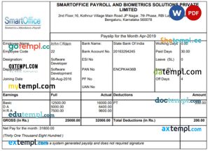 INDIA SMARTOFFICE and Biometrics Solutions Private Limited Payroll template in Word and PDF formats