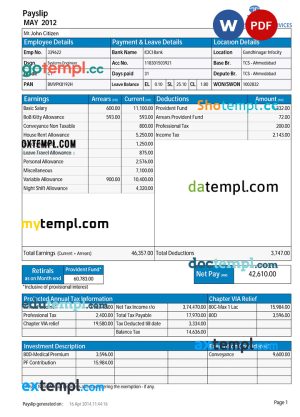 INDIA TATA Consultancy Services payslip template in Word and PDF formats