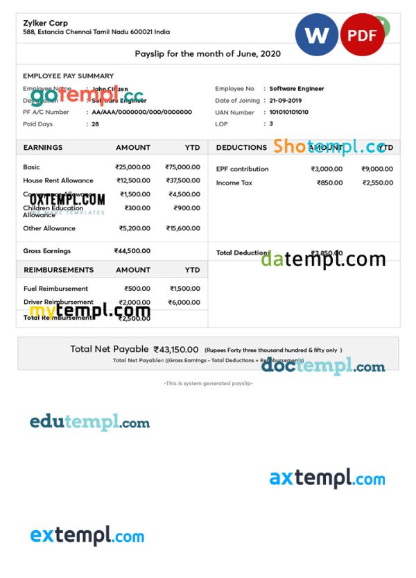 INDIA ZYLKER corporation payslip template in Word and PDF formats