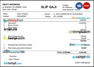 Indonesia Gsoft payslip template in Word in PDF formats