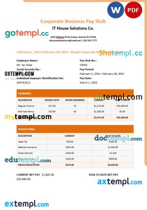 IT house solutions Co. pay stub template in PDf and Word formats