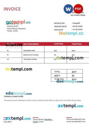 Ice Cream Invoice template in word and pdf format