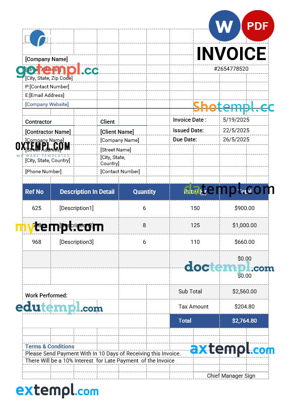 Independent Contractor Invoice template in word and pdf format
