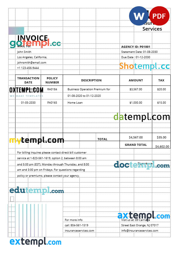 Insurance Agency Invoice template in word and pdf format