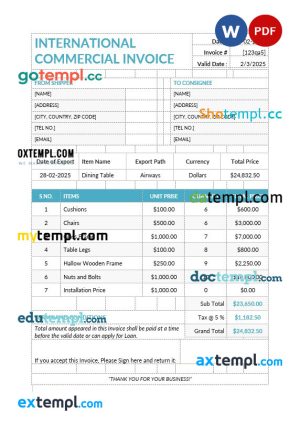 International Commercial Invoice template in word and pdf format