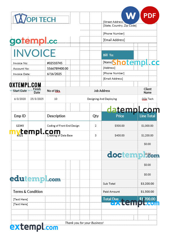 Job Invoice template in word and pdf format