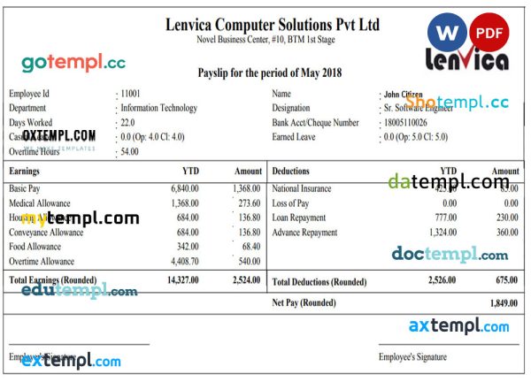 LENVICA computer solutions Pvt Ltd payslip pay stub template in Word and PDF formats