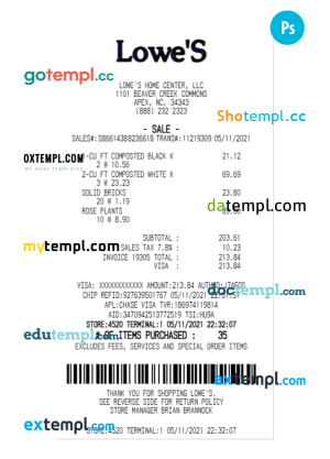 LOWE'S HOME CENTER payment receipt PSD template
