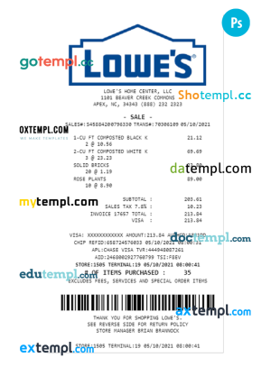 LOWE'S payment receipt PSD template