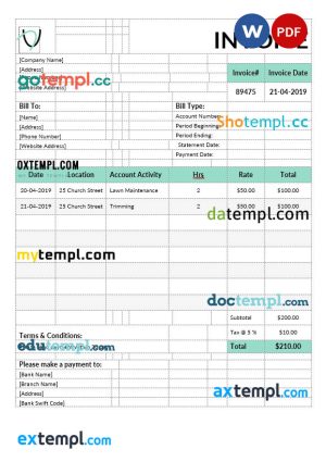 Landscaping Invoice template in word and pdf format