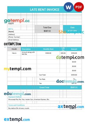 Late rent invoice template in word and pdf format