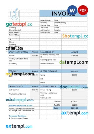 Lawn Care Invoice template in word and pdf format