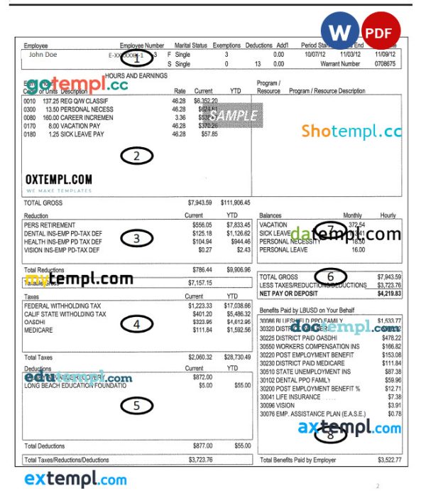 Long Beach Unified School district employee pay stub Word and PDF template