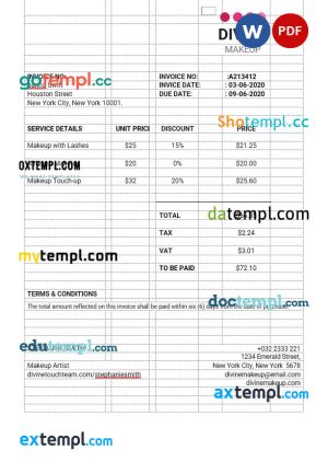 Makeup Artist Invoice template in word and pdf format