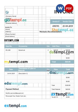 Mechanic Invoice template in word and pdf format