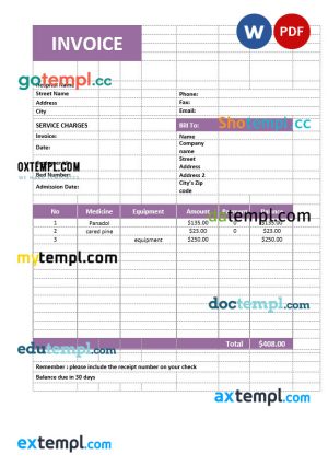 Medical Service Invoice template in word and pdf format