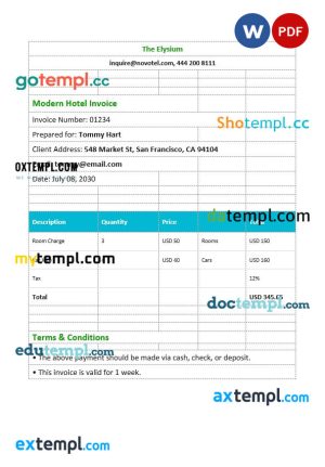 Modern Hotel Invoice template in word and pdf format