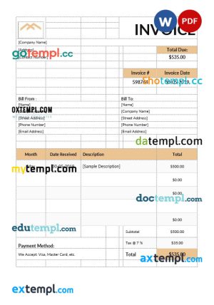 Monthly rent invoice template in word and pdf format