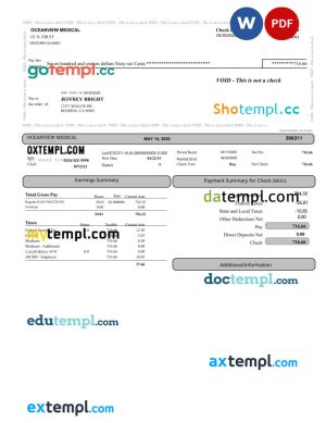 Oceanview medical paystub Word and PDF template