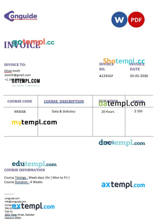 Online Courses Invoice template in word and pdf format