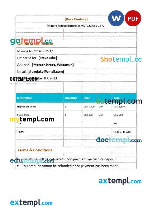 Online Store Invoice template in word and pdf format