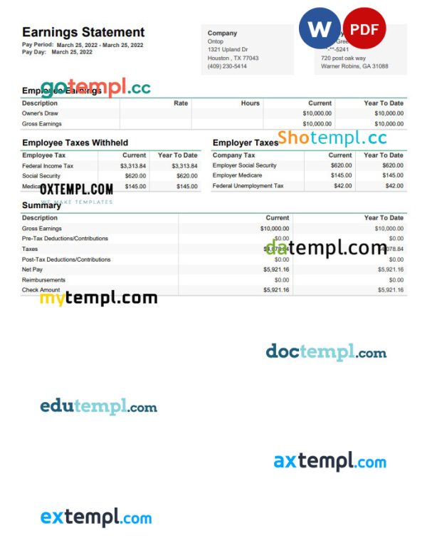 Ontop company earnings statement template in PDF and Word format