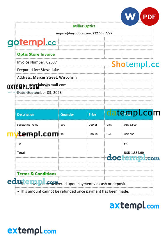Optical Store Invoice template in word and pdf format