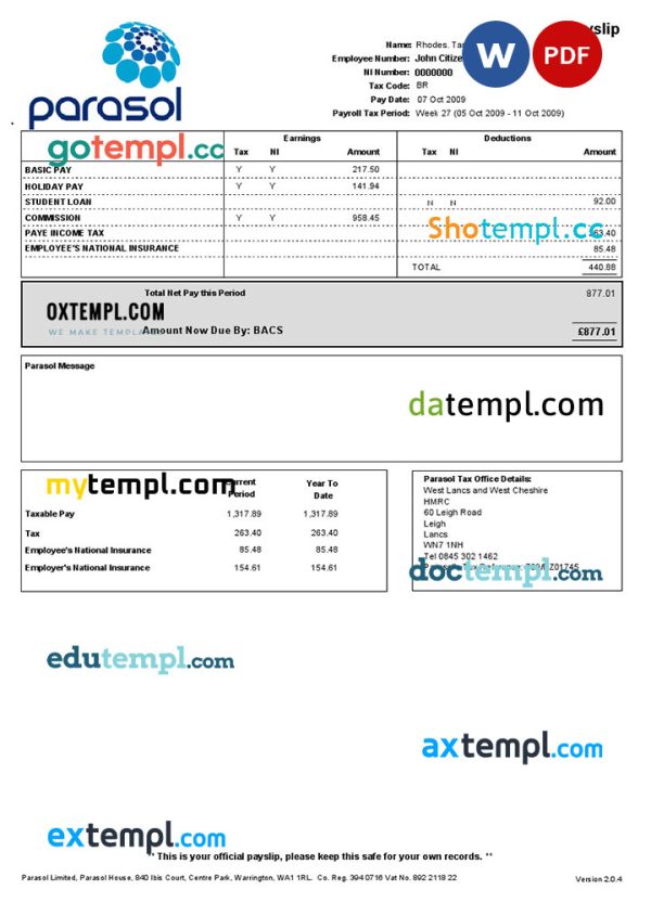 PARASOL Limited paystub template in Word and PDF formats