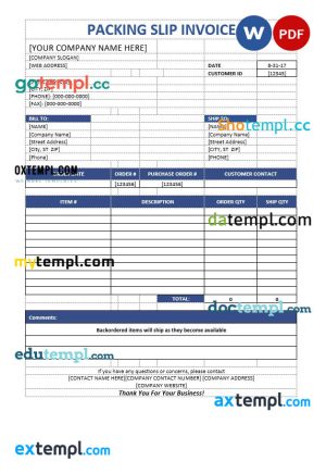 Packaging Slip Invoice template in word and pdf format
