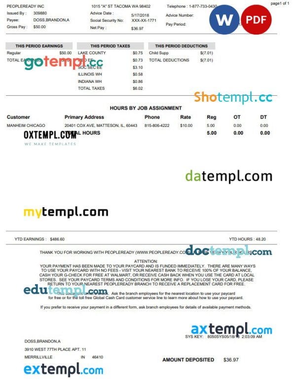 Peopleready Paystub Word and PDF template
