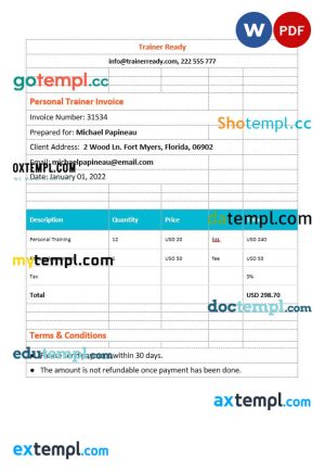 Personal Trainer Invoice template in word and pdf format