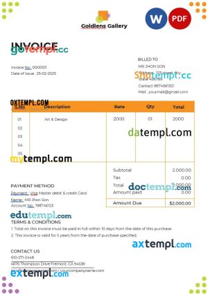 Photo Art Gallery Invoice template in word and pdf format