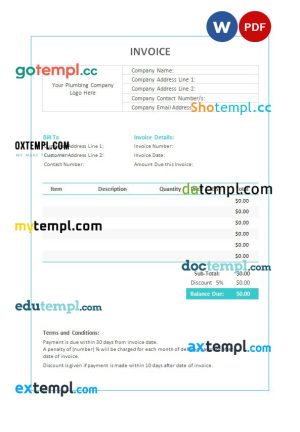 Plumbing Invoice template in word and pdf format