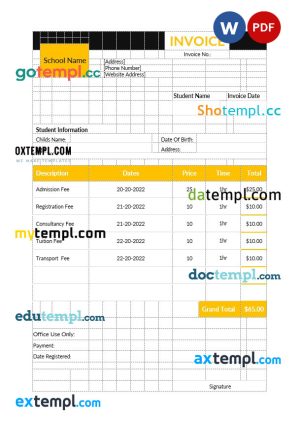 Preschool Education Invoice template in word and pdf format