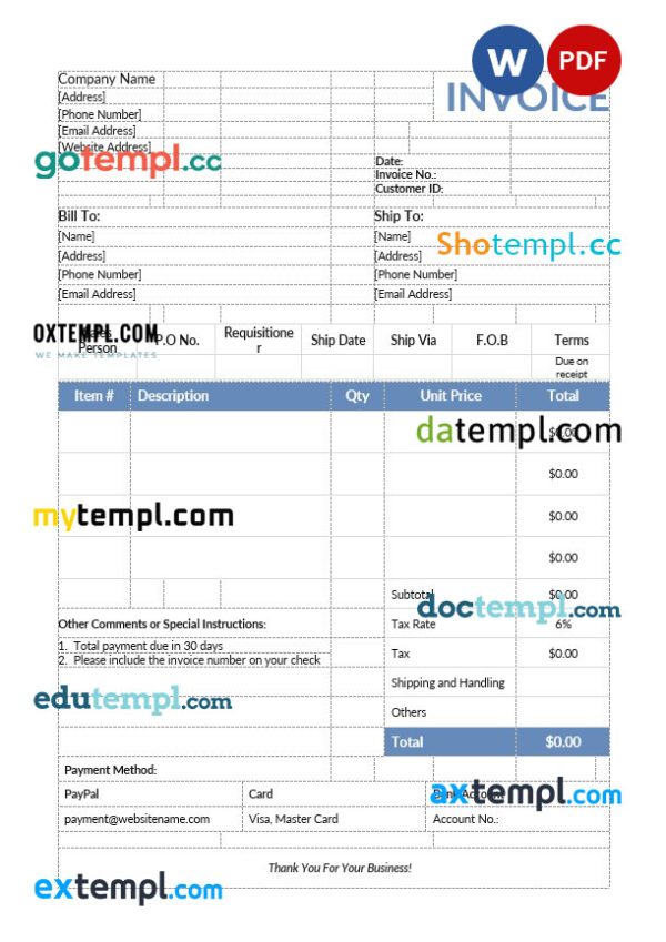 Product sales invoice template in word and pdf format