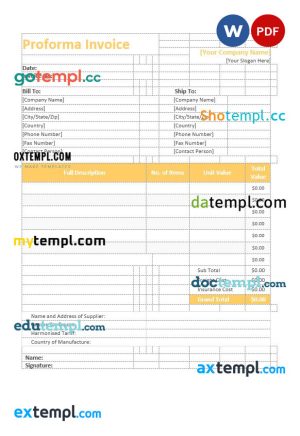 Proforma invoice template in word and pdf format