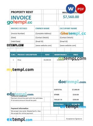 Property Rent Invoice template in word and pdf format